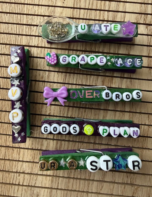 Volleyball - green and purple U Ate spoon, God's Plan, Grape Ace, Bows over Bros, MVP, and UR A STAR