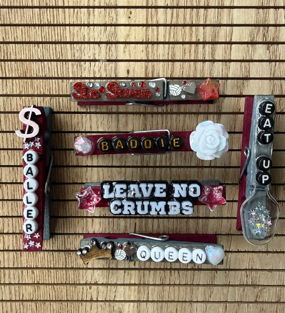 Volleyball - maroon and gray themed, Baddie, Queen, Eat Up Spoon, $Baller, Six Seven, Leave No Crumbs