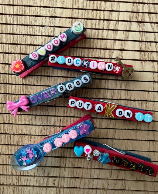 Volleyball - pink and blue BLOOM, Lock INNN, Bows over Bros, Put a K on It, U ATE Spoon, and Heart VBall