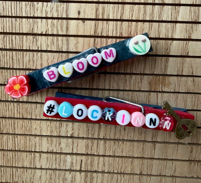 Volleyball - pink and blue BLOOM, Lock INNN, Bows over Bros, Put a K on It, U ATE Spoon, and Heart VBall