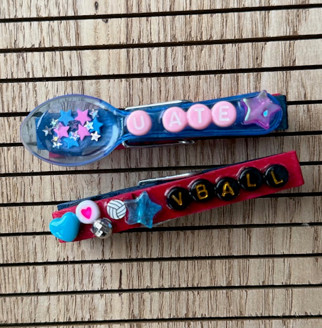 Volleyball - pink and blue BLOOM, Lock INNN, Bows over Bros, Put a K on It, U ATE Spoon, and Heart VBall