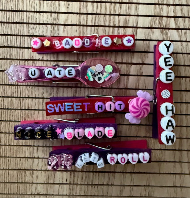 Volleyball - pink and purple Baddie, U Ate Spoon, Sweet Hit, Nice Blade, Lets Roll, and YEE HAW