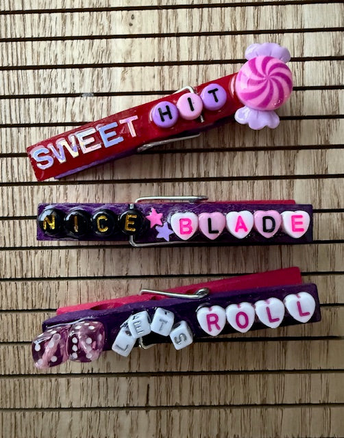 Volleyball - pink and purple Baddie, U Ate Spoon, Sweet Hit, Nice Blade, Lets Roll, and YEE HAW