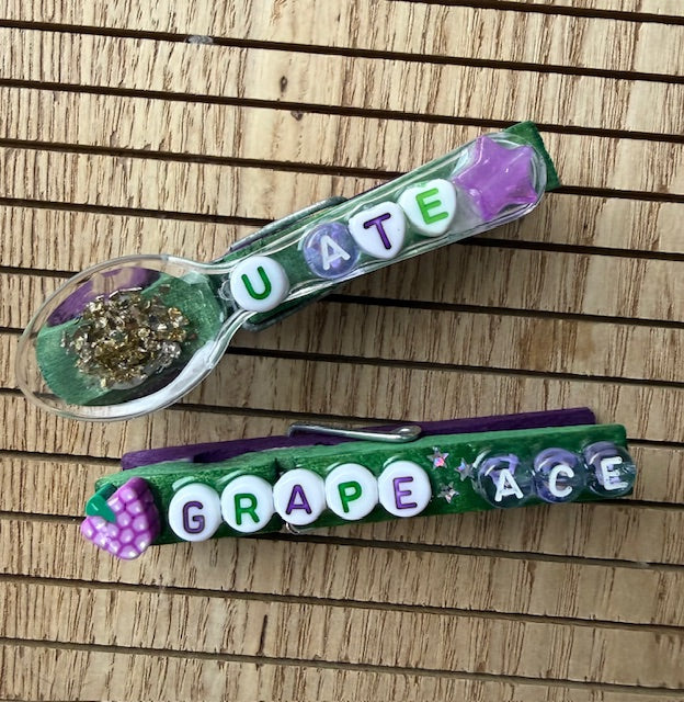 Volleyball - green and purple U Ate spoon, God's Plan, Grape Ace, Bows over Bros, MVP, and UR A STAR