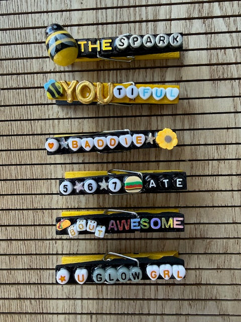 Cheer/All Sports - Bee themed: yellow and black Bee The Spark, BeeYOUtiful, Taco bout Awesome, Baddie, U Glow Girl, 5-6-7 Ate