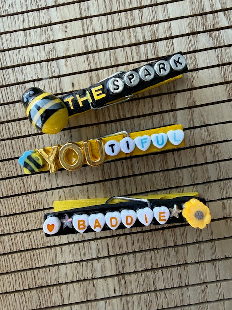 Cheer/All Sports - Bee themed: yellow and black Bee The Spark, BeeYOUtiful, Taco bout Awesome, Baddie, U Glow Girl, 5-6-7 Ate