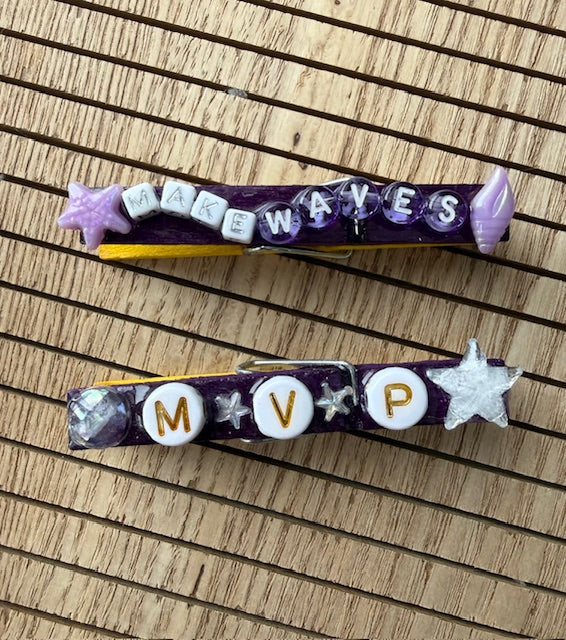 Volleyball - yellow and purple Fetch the W, Hustle, Fire Hit, Make Waves, MVP, and U ate